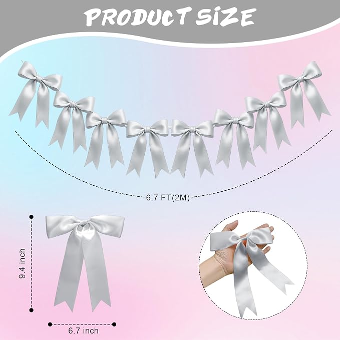 2 Strings of 16PCS Silver Bow Garlands Banner Decoration, Pre-Strung Satin - Image 2