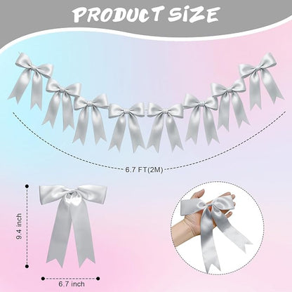 2 Strings of 16PCS Silver Bow Garlands Banner Decoration, Pre-Strung Satin - Image 2