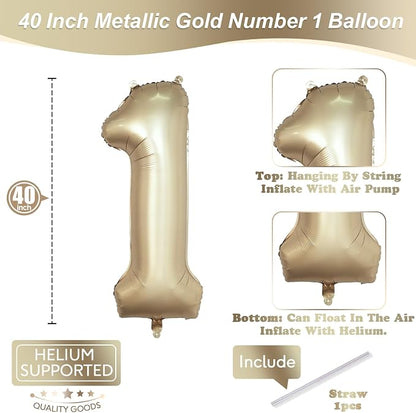 40 Inch Gold Number 1 Balloon for 1st Birthday Decoration, Metallic Light Gold - Image 2