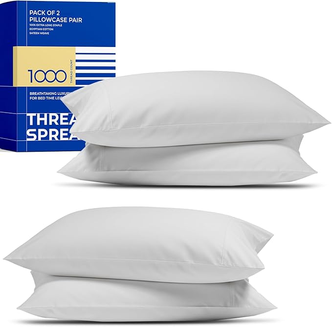 THREAD SPREAD 100% Egyptian Cotton Pillow Cases King - High Thread Count Pillowcases King Size Pack of 2, Soft Cooling & Breathable Extra Long Staple Sateen Weave Cotton Pillow Covers for Bed - Silver