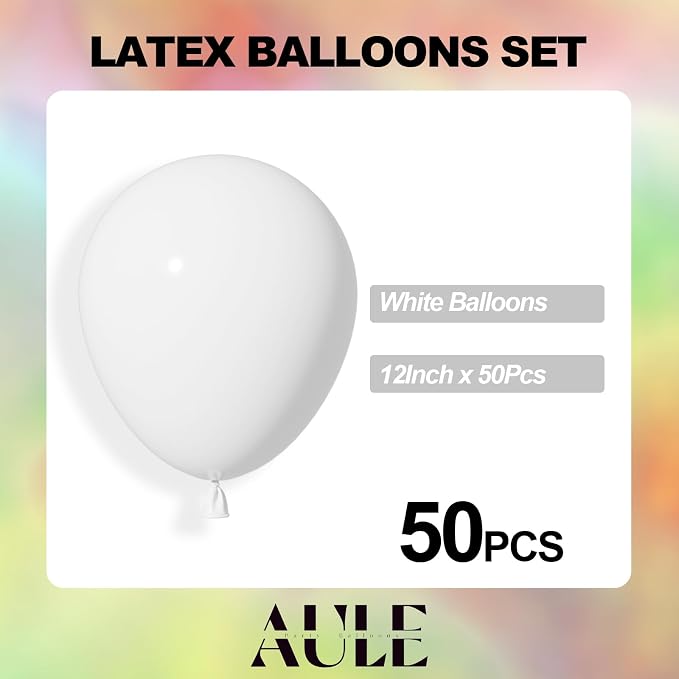 AULE 50Pcs Latex 12 Inch White Latex Balloons | Helium Happy Birthday - Image 3