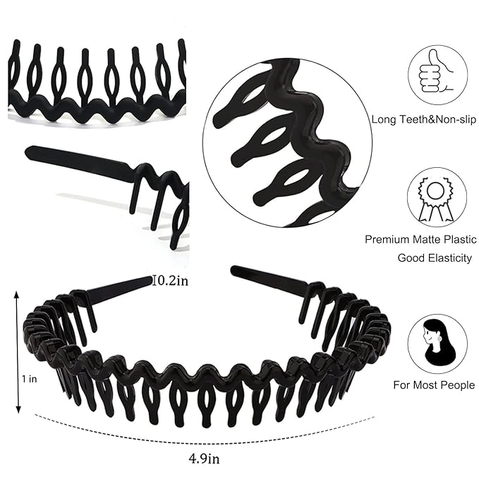 LAPOHI 10 PCS Non Slip Fashion Effortless Plastic Headbands with Teeth Comb Skinny Hair Bands for Women Men Teen Girls, Long Teeth Matte Black