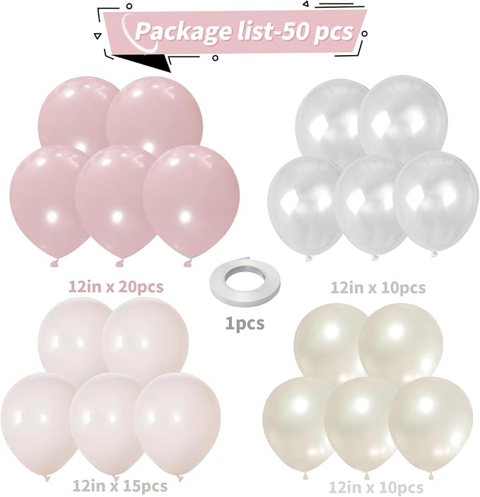 Pink and White Balloons, 12 Inch Double Stuffed Pearl Dusty Blush Baby Light - Image 3