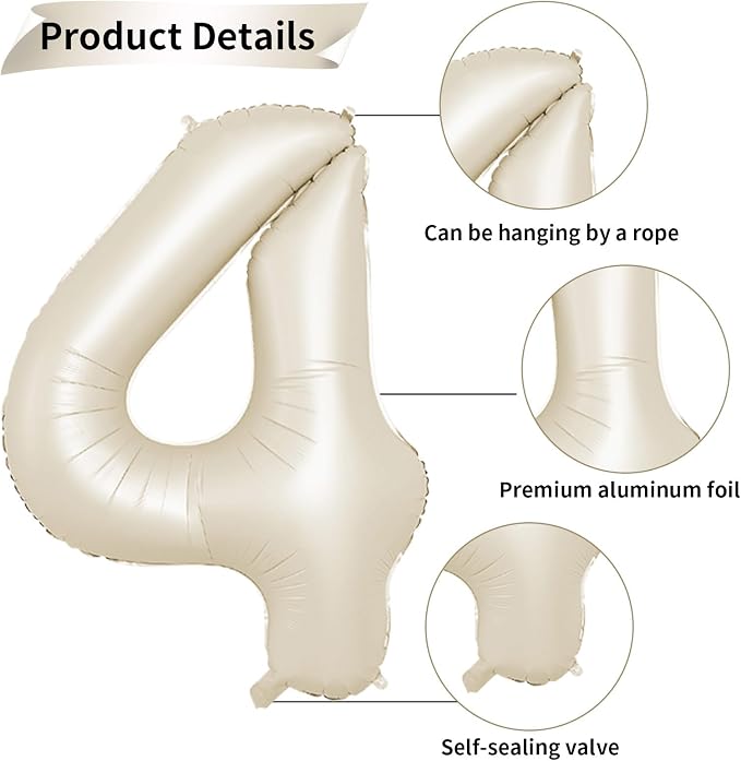 40 Inch Cream Number 4 Balloon, Digital 4 Cream White Giant 4 Foil Balloon - Image 3