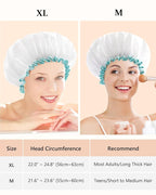 mikimini White Shower Cap for Long Hair 1 Pack, 12 inch large size,Waterproof Washable Hair Caps for Women and Girls, Super Cute and Extra Large