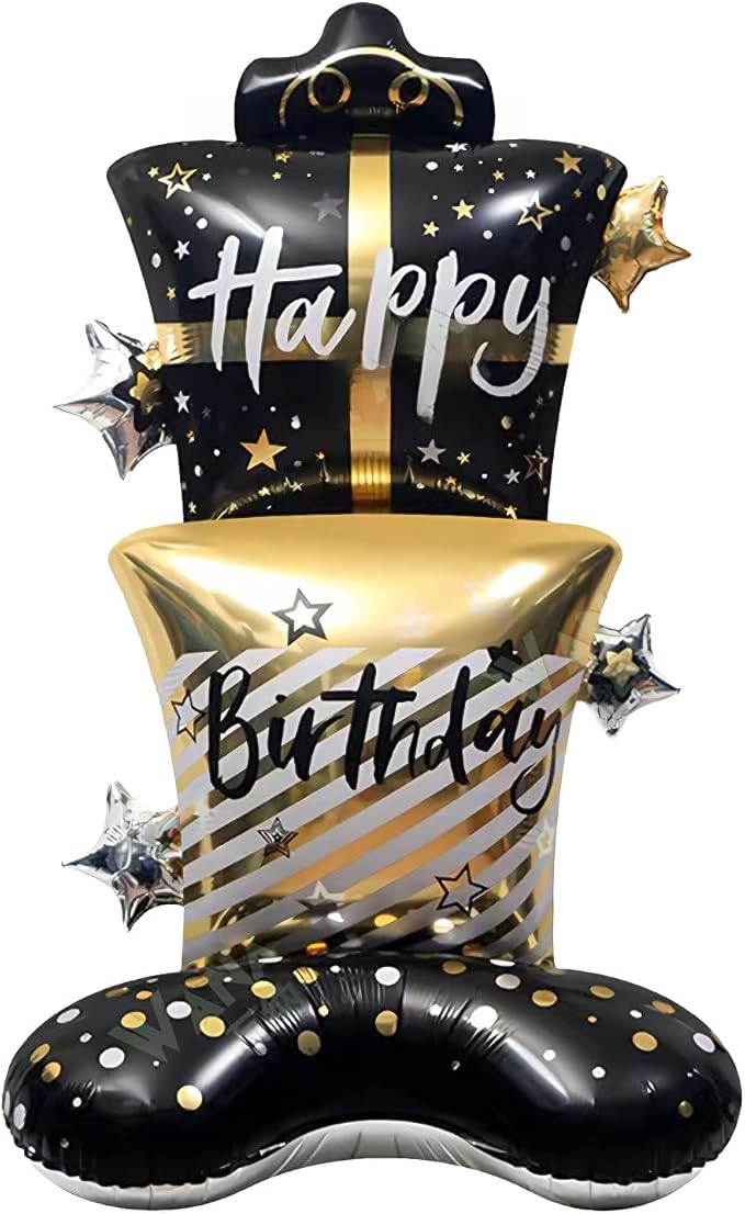 61" Black & Gold Gift Box Standing Happy Birthday Foil Balloon | giant black by RychifPartySupplies