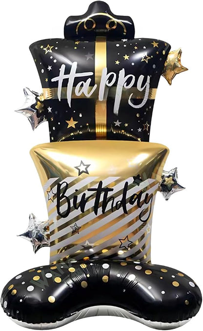 61" Black & Gold Gift Box Standing Happy Birthday Foil Balloon | giant black by RychifPartySupplies