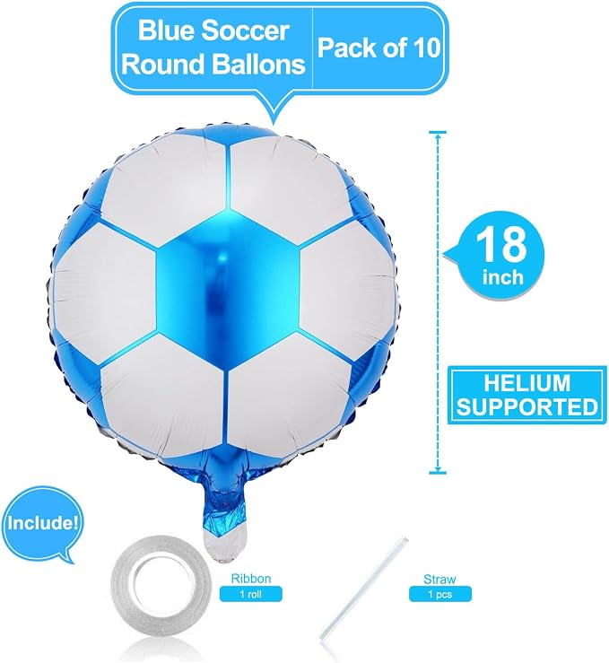 10 Pack 18 Inch Blue Soccer Foil Balloons Football Helium Metallic Mylar - Image 2