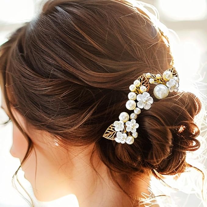 Evild Gold Bridal Hair Pins Pearl Wedding Hair Pieces Leaf Hair Accessories for Women (Pack of 3)