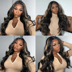 KLAIYI Bye Bye Knots Glueles Highlight Blonde Body Wave Wig Human Hair Precut 7x5 HD Lace Front Wig Pre Plucked Pre Bleached Ombre Wig with Dark Roots Chocolate Brown Wig 16Inch