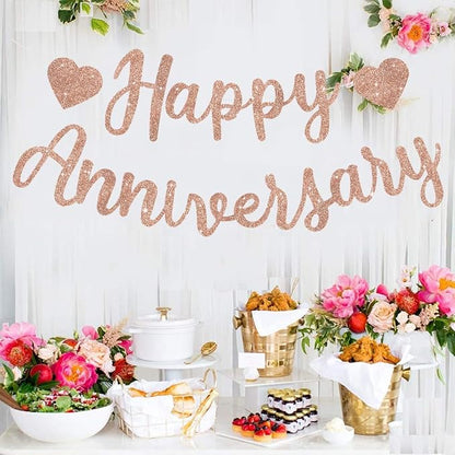 BEISHIDA Pre-Strung Rose Gold Happy Anniversary Banner Wedding Decor | Glitter - Image 4