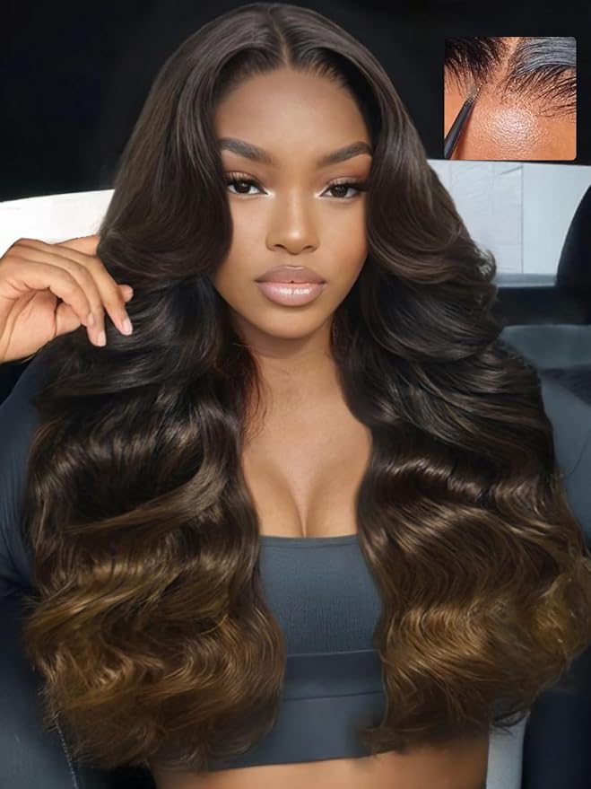 KLAIYI Ombre Brown Loose Body Wave 13x4Pre Everything Lace Frontal Chestnut Brown Drawstring Wig with Face Framing Layers Precut Lace Pre Plucked Bleached Bye Bye Knots Ready to Wear and Go Wig 18Inch
