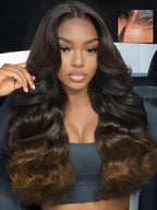 KLAIYI Ombre Brown Loose Body Wave 13x4Pre Everything Lace Frontal Chestnut Brown Drawstring Wig with Face Framing Layers Precut Lace Pre Plucked Bleached Bye Bye Knots Ready to Wear and Go Wig 18Inch
