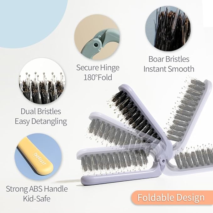 Uffy MiniPop Travel Hair Brush – Mini Folding Boar Bristles for Women, Men & Kids | Kid-Friendly Compact Comb for Wet & Dry Hair, Curly or Straight | Pocket-Size Detangler – Lemonade