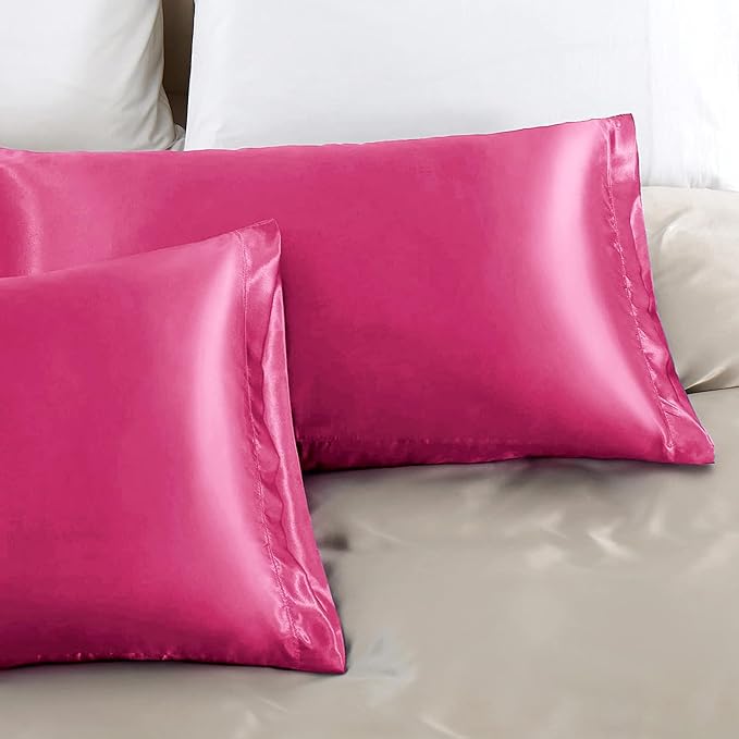 Aormenzy Satin Pillow Cases for Women King Size Set of 2, Hot Pink Satin Pillowcase for Hair with Envelope Closure Silky Pillow Covers Wrinkle, Fade Resistant (20x40 Inches)