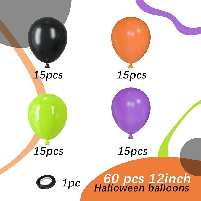 60pcs 12 Inch Halloween Latex Balloons，Black Orange Green Purple Balloons | - Image 2