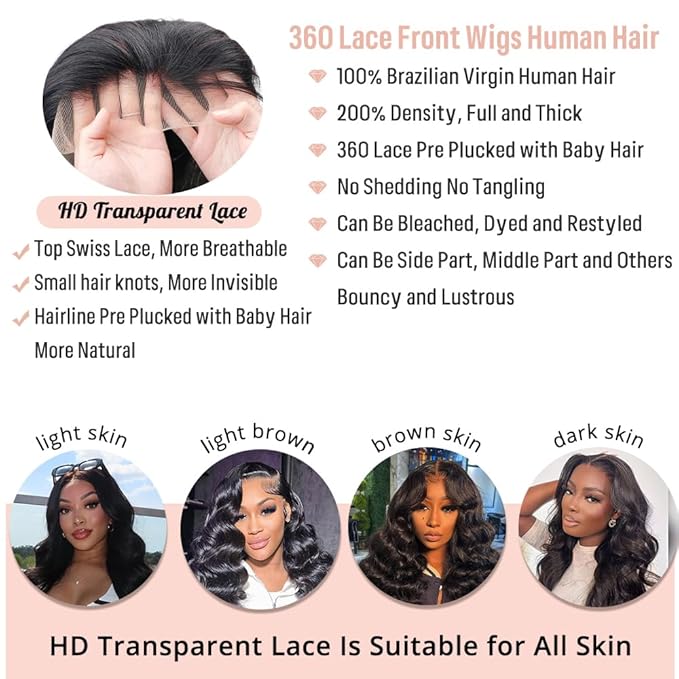 360 Lace Front Wigs Human Hair Body Wave 200% Density 30 Inch Upgraded Hidden Straps 360 HD Full Lace Wigs Human Hair With Drawstring Pre Plucked With Baby Hair for Women Natural Black