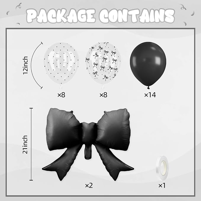 Black Bow Balloons, 12 Inch Black Pearl Transparent White Printed Balloons - Image 2