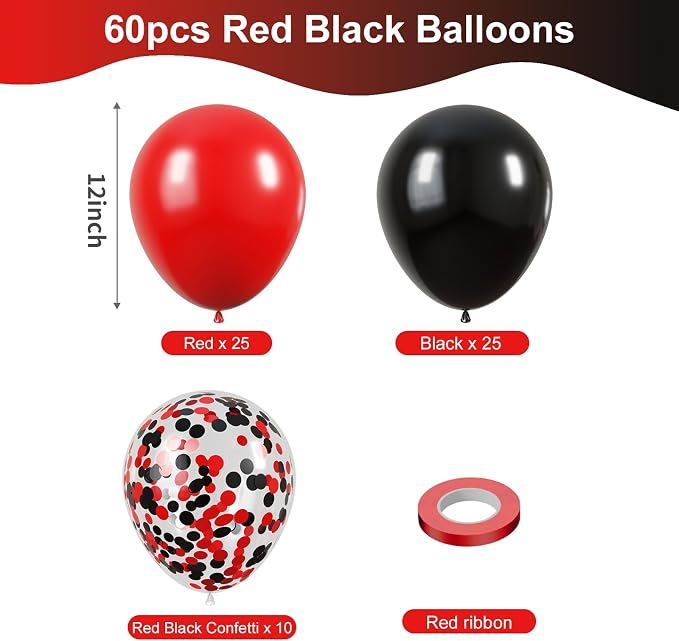 KBZVNAF Red and Black Latex Balloons 60 Pack 12 inch | Black Red Confetti Party - Image 2