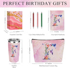 Personalized Gifts Monogrammed Birthday Gifts for Women, Aunt Grandma Retirement Christmas Initial 20 oz Tumbler, Makeup Bag Cup Ballpoint Pens Journal Notebook 6 Set, (Aesthetic Pink Flower F)