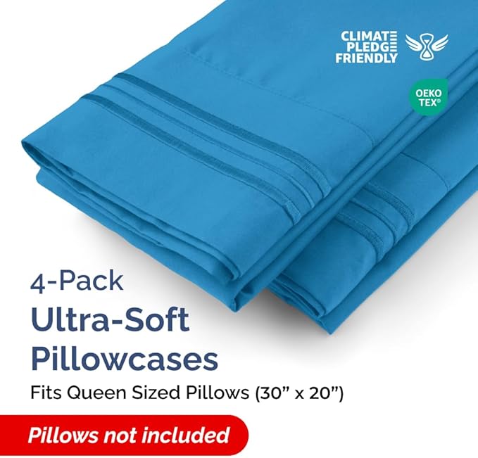 Queen Pillow Cases Set of 4 - Ultra Soft Hotel Quality Pillowcase Covers - Comfy, Cozy & Wrinkle Free - Shrink, Stain & Fade Resistant - Machine Washable Pillow Protectors - 4 Piece Set - Denim Blue