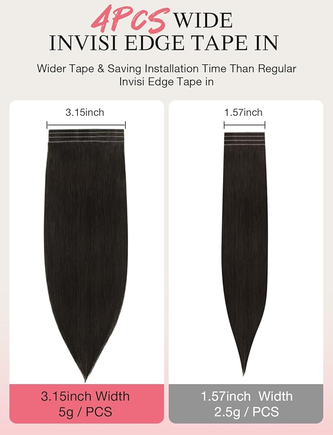 DOORES Invisi Edge Tape in Wide Hair Extensions Human Hair, Dark Brown 4PCS Injection Tape ins 20g 16 Inch, Virgin Human 3 Inch Wide Injected Extensions Invisible