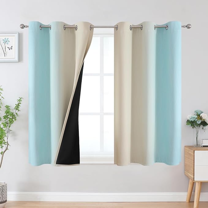 Beige and Aqua Ombre Blackout Curtains 54 Inch Length 2 Panels, Full Room by ESTELARTEXTILER