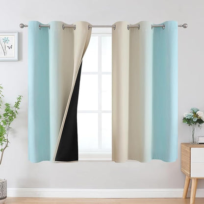 Beige and Aqua Ombre Blackout Curtains 54 Inch Length 2 Panels, Full Room by ESTELARTEXTILER