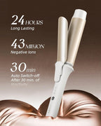 Large Hair Curling Wand, 1.6 Inch Big Barrel Curling Iron, 43 Million Ionic Ceramic Curler with 3 Temp, Auto Shut-Off, Long Barrel Curling Wand for Long Hair, Dual Voltage, White