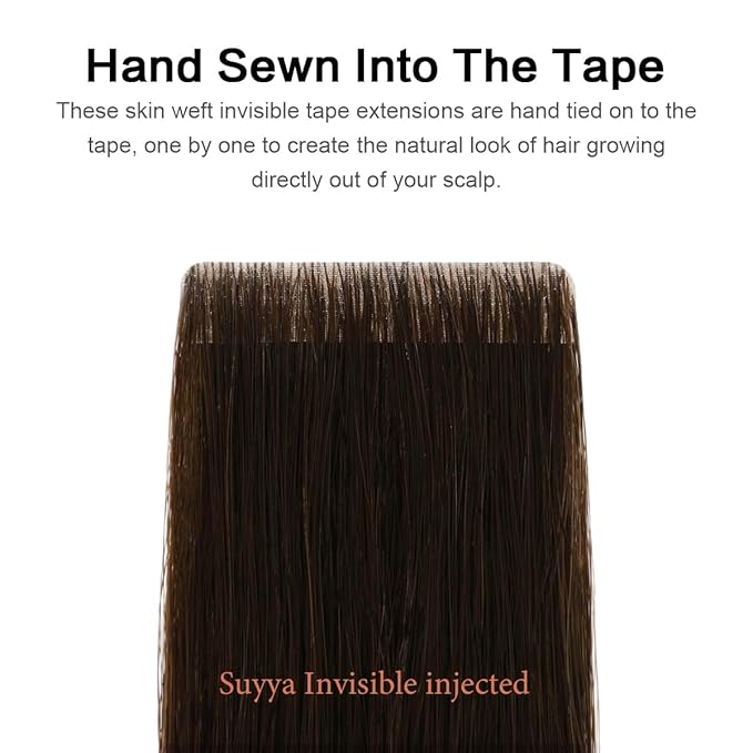SUYYA Invisible Tape in Hair Extensions Human Hair Darkest Brown Seamless Injected Hand-Tied Pro Quality Virgin Human Hair 20PCS 50G/Pack Straight Tape Ins(22 inch #2 Darkest Brown)