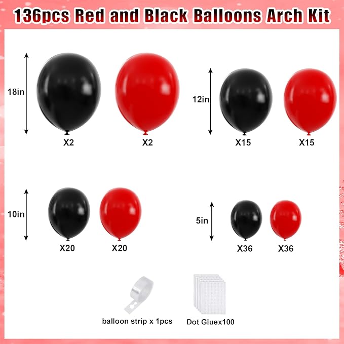 YMSZ Red and Black Balloons Arch Kit, Different Size - Image 2