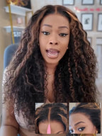Julia Hair Golden Brown Highlight Water Wave and Jerry Curly Wig Mixed Curls 13X4 Lace Front Pre Everything Wigs Glueless Human Hair Lace Frontal with Invisi Drawstring Ready to Go 18 Inch