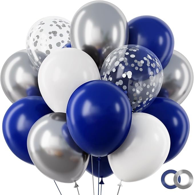 RUBFAC 65pcs Navy Blue Silver Balloons, 12 Inches Navy Blue White Metallic by RUBFAC