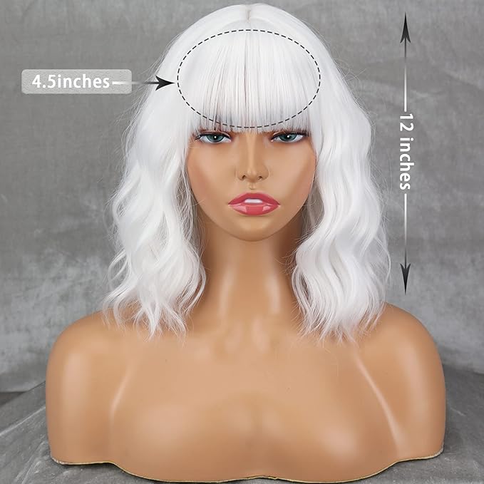 MISSQUEEN Short White Wig with Bangs,Wavy White Bob Wigs for Women Synthetic Wavy Bob Shoulder Length Wigs Natural Looking Heat Resistant Fiber hair Wig for Daily Party Cosplay Use