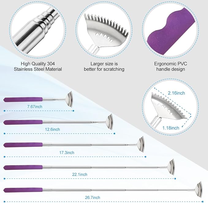 4 Pack Different Back Scratcher Metal Portable Telescoping Tool with Beautiful Box, Extendable Back Massager with Rubber Handles, Gifts for Men Women Kids Adults (Purple)