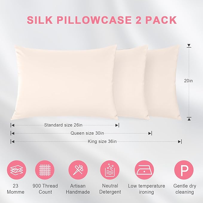 100% Silk Pillowcase 2 Pack for Hair and Skin, Both Sides 23 Momme Grade 6A+ Mulberry Silk Pillowcases with Hidden Zipper, Soft&Smooth Cooling Pillow Cases (Beige, Queen 20×30)