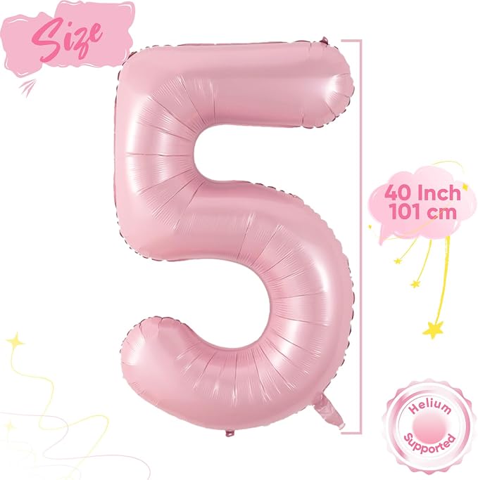 Light Pink 5 Balloon, 40 Inch Large Pastel Pink Foil Helium Number Balloons 0-9 - Image 2