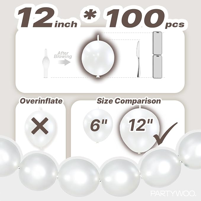PartyWoo Pearl White Linking Balloons 100pcs 12 Inch White Link Balloons | - Image 4