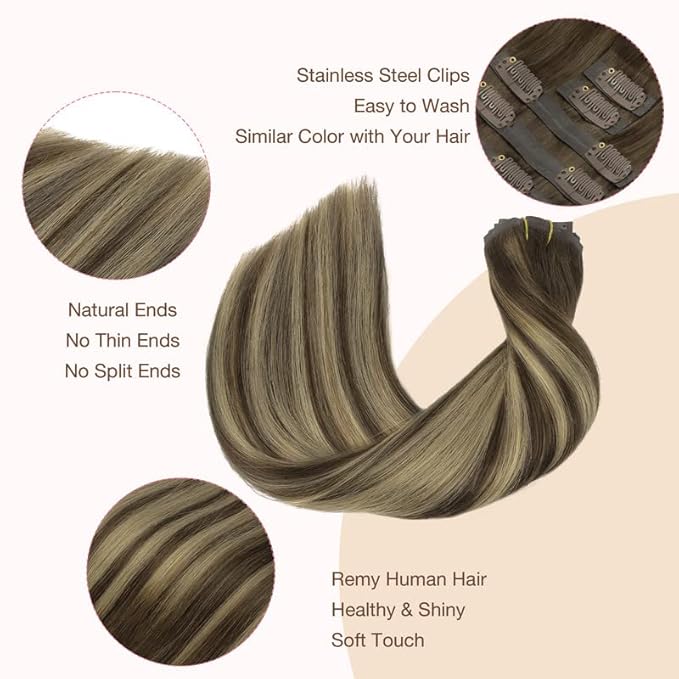 GOO GOO Clip in Hair Extensions Real Human Hair, Remy Human Hair Extensions Clip ins for Women, Natural Human Hair, 20inch 110g 7Pcs, 4/26/4 Balayage Chocolate Brown to Honey Blonde