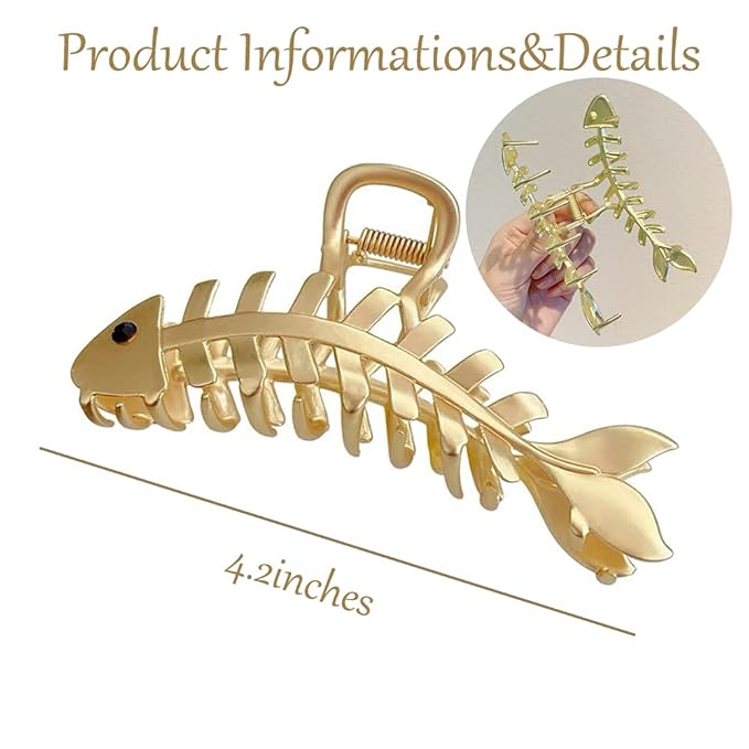Hair Jaw Claw Clips Fish Bone Shape Large Metal Gold Fashion Nonslip Hairpin Catch Clip Accessories for Thick/Thin Hair HairStyling (Gold)
