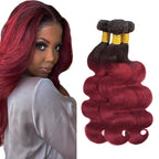 Ombre Human Hair Bundles 1B99J Body Wave Bundle Niegmeag Brazilian Virgin Remy Hair 3 Bundles 14 16 18 Inch 2 Tone Black and Burgundy Bundle 150g