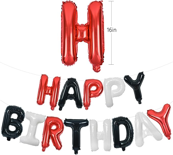 TONIFUL 16Inch Black Red White Happy Birthday Balloon Banner Decor - Image 2