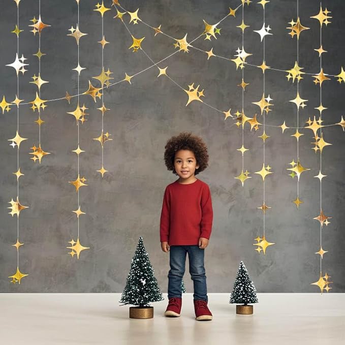 Glitter Gold Four-Angle Star Paper Garland Banner Décor 40 Feet Gold Twinkle - Image 6