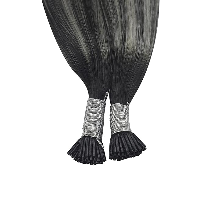 YoungSee I Tip Hair Extensions Balayage Black Itips Hair Extensions Human Hair Ombre Black with Silver Itip Hair Extension Real Human Hair 18 Inch Itip Extension 60s 50g for Photo Shoots
