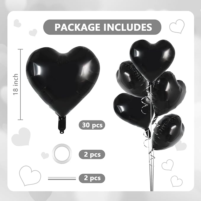 TONIFUL 30 Pcs Black Heart Balloons 18 Inch Heart Shape Foil Mylar Balloon | - Image 2