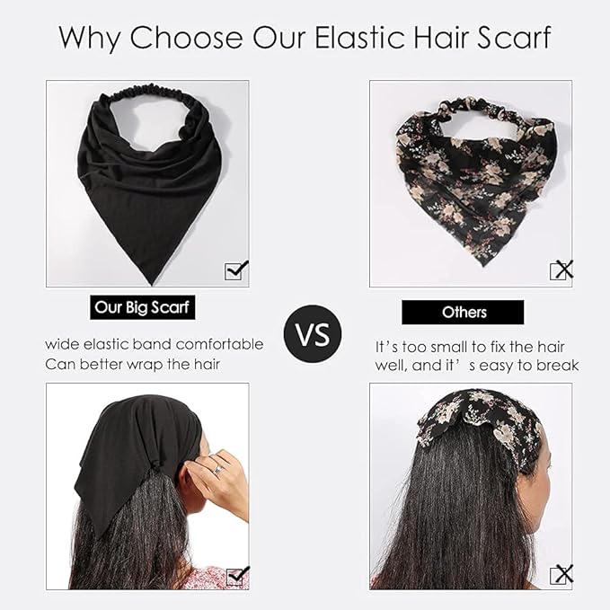 6 Pack Hair Scarf Headband for Women Elastic Bandana Head Scarf Large Boho Triangle Kerchief with Clips Non Slip Scarves