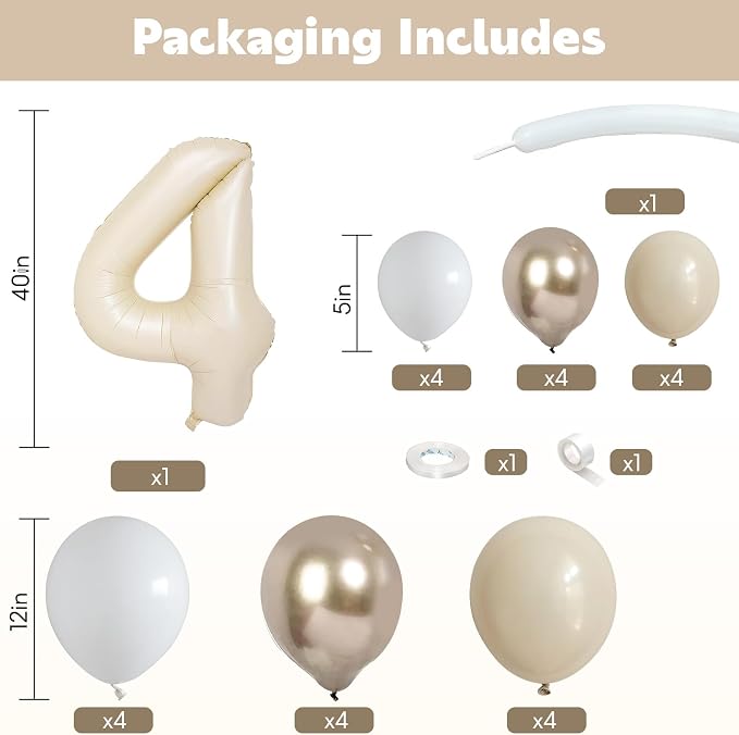 40 Inch Cream Number 4 Balloon for 4th Birthday Decoration Beige White Sand - Image 2