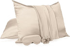 2 Pack Satin Pillowcase with Hidden Zipper, Adjustable Satin Eye Mask for Sleeping and Satin Volume Scrunchie for Hair and Skin, Standard Size(Champagne,Classic Style)