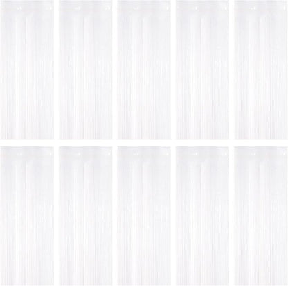 10 Pack White Foil Curtain Backdrop 3.2ft x 9.8ft Black Metallic Tinsel Foil by Ohiyoo