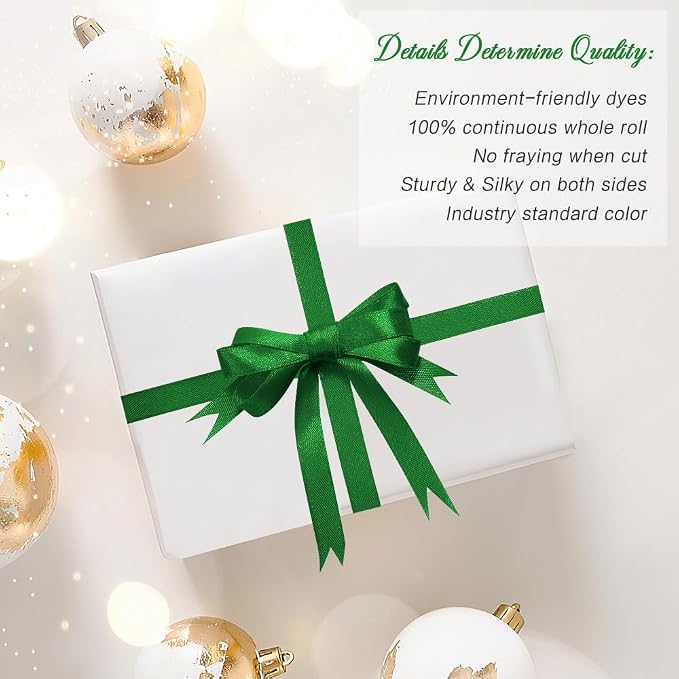 Green Ribbon Christmas Ribbons, 3/8 Inch 25 Yards Emerald Green Ribbon - Image 4